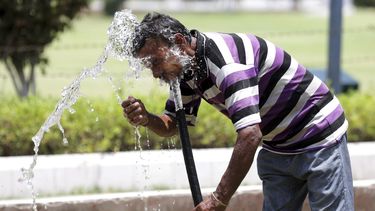Un ciudadanao se refresca con una manguera en un jardín un caluroso día en Amritsar (India.&nbsp;