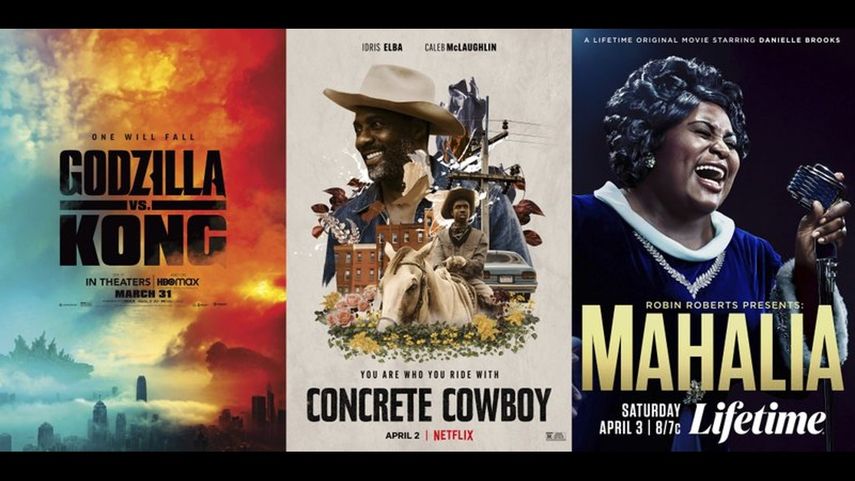 En esta combinación de fotografías el afiche de la película Godzilla vs Kong, que se estrena en HBO Max el 31 de marzo, izquierda, Concrete Cowboy, que se estrena el 2 de abril en Netflix y Robin Roberts Presents: Mahalia que se estrena el 3 de abril en Lifetime.&nbsp;