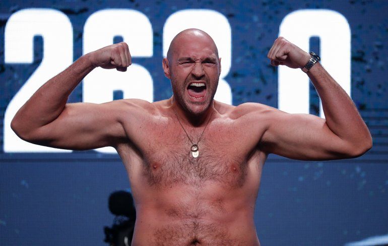 Fotografía del 14 de junio de 2019 del boxeador inglés Tyson Fury durante una ceremonia de pesaje en Las Vegas.