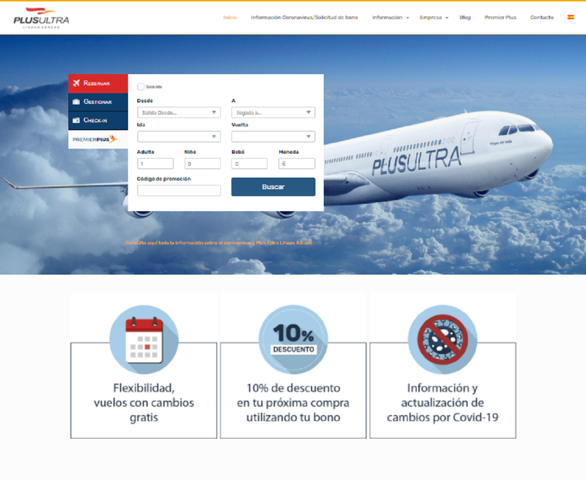 Captura de pantalla del portal de la aerolínea Plus Ultra.&nbsp;