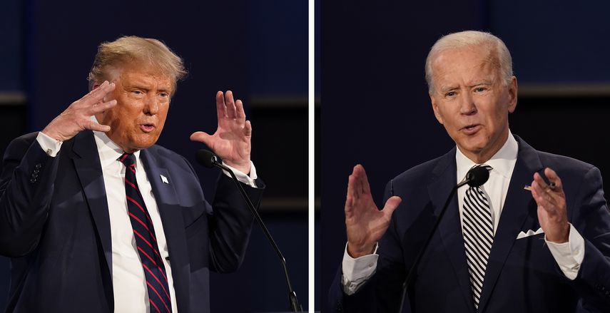Combinación de fotos del presidente Donald Trump y del exvicepresidente Joe Biden durante su primer debate hacia las elecciones presidenciales de noviembre, el martes 29 de septiembre de 2020, en Cleveland, Ohio. 
