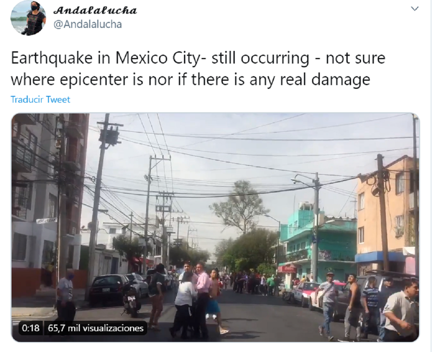 La periodista Andalalucha publicó uno de los primeros videos que circularon por las redes sobre el sismo que sacudió a Ciudad de México este martes.