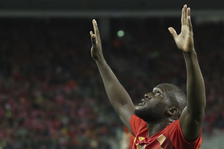 Romelo Lukaku, de la selecci&oacute;n belga, celebra su anotaci&oacute;n contra San Marino, en un partido del Grupo 1 clasificatorio a la Eurocopa 2020 disputado en el Estadio Rey Balduino en Bruselas, el jueves 10 de octubre de 2019.&nbsp;