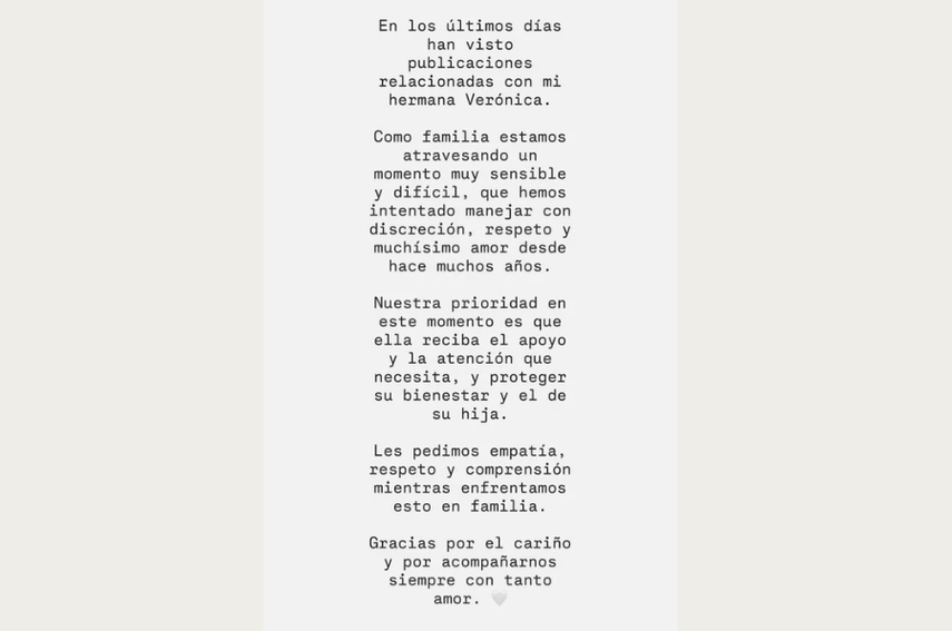 Comunicado de Jessica Giraldo sobre la situación que su familia atraviesa. 