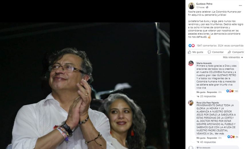 Captura de imagen del post difundido en facebook por el político Gustavo Petro.
