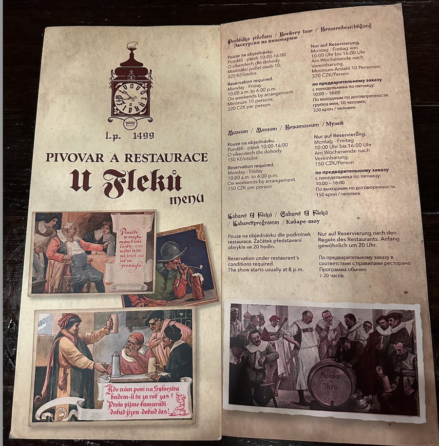 Carta del bar U Flekû, uno de los más antiguos de Europa y donde han estado reconocidos artistas e intelectuales de varios siglos.