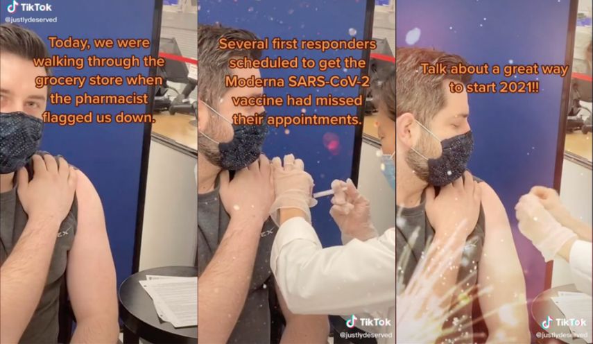 Collage con capturas de pantalla del video compartido en TikTok por David MacMillan, donde documenta cómo recibió la vacuna del COVID-19.&nbsp;