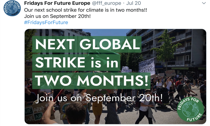 Captura de pantalla de la cuenta de Twitter&nbsp;Fridays For Future Europe, donde se anuncia la movilización a favor del medioambiente el próximo 20 de septiembre.&nbsp;