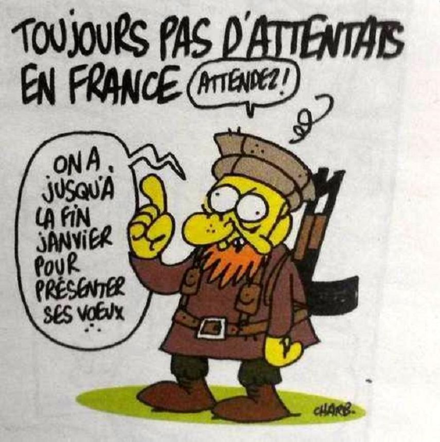 Ésta es la última caricatura del conocido dibujante francés Charb (Charbonnier), asesinado este miércoles en el asalto a la sede del semanario Charlie Hebdo. 