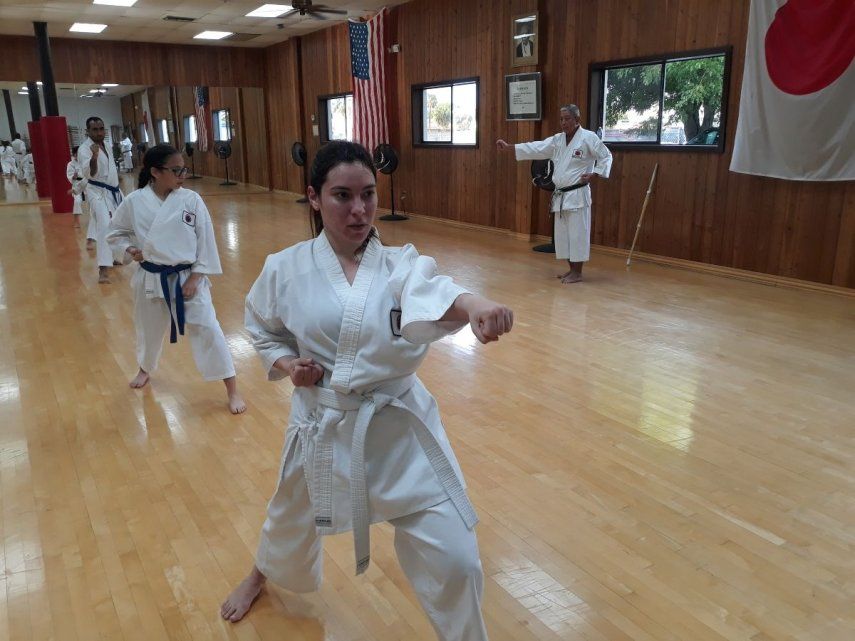 Los alumnos practican las enseñanzas del senséi Yasuyoshi Saito en el Japan Karate-Do International.