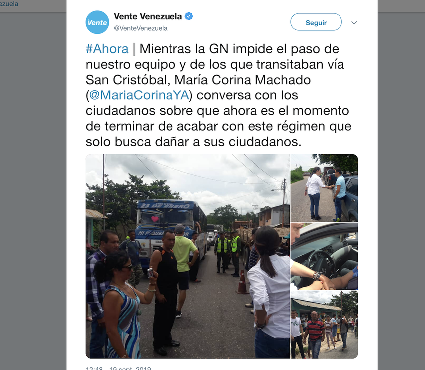 Captura de pantalla de la publicaci&oacute;n en la cuenta de Vente Venezuela donde se ve a Mar&iacute;a Corina Machado intentando que la GNB reabriera el paso hacia San Crist&oacute;bal.&nbsp;