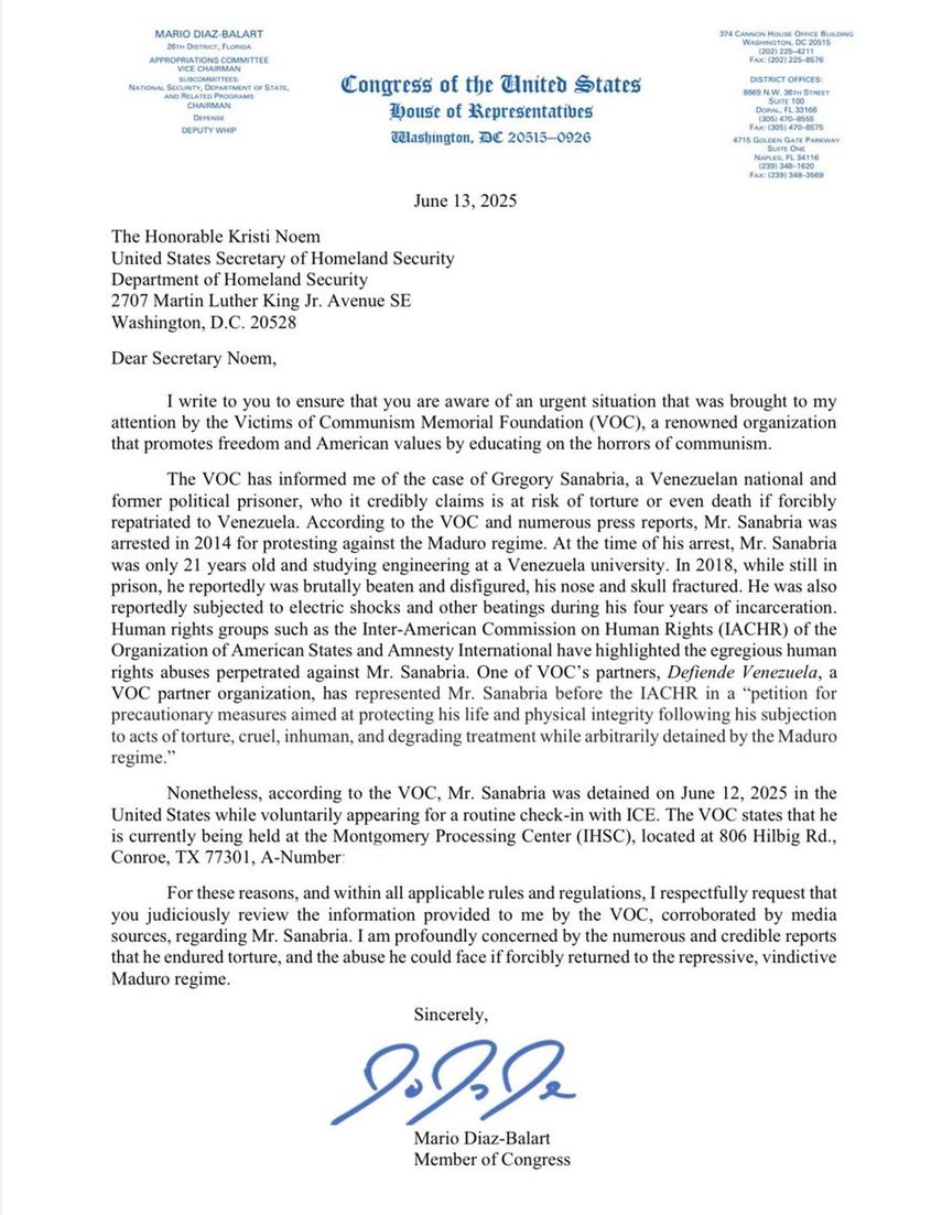Carta del congresista Mario Diaz-Barlart dirigida a la secretaria de Seguridad Nacional, Kristi Noem. Carta del congresista Mario Diaz-Barlart dirigida a la secretaria de Seguridad Nacional, Kristi Noem.