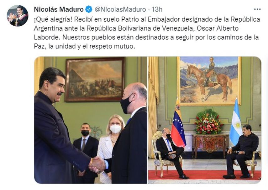 Oscar Laborde presentó sus cartas credenciales, como embajador de Argentina, al dictador Nicolás Maduro.