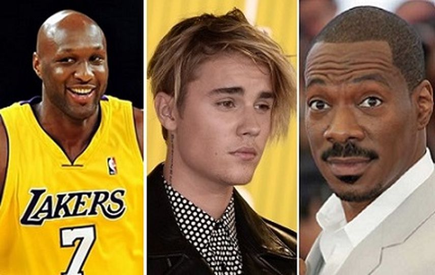 El basquetbolista Lamar Odom, el cantante Justin Bieber y el actor Eddie Murphy (CORTESÍA)