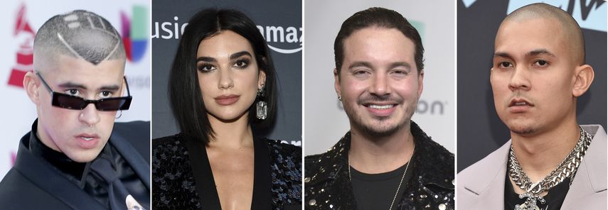 En esta combinaci&oacute;n de fotograf&iacute;as, Bad Bunny, de izquierda a derecha, llega a los Latin Grammy el 15 de noviembre de 2018 en Las Vegas, Dua Lipa llega al concierto Amazon Musics Prime Day el 10 de julio de 2019, en Nueva York, J Balvin posa en la sala de prensa de la 17&ordf; entrega anual de los Latin Grammy el 17 de noviembre de 2016 en Las Vegas y Tainy llega a los MTV Video Music Awards el 26 de agosto de 2019, en Newark, Nueva Jersey. J Balvin, Dua Lipa y Bad Bunny lanzaron el sencillo Un d&iacute;a (One Day) producido por Tainy el 23 de julio de 2020.&nbsp;