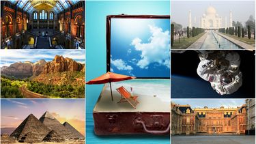 Collage de sitios de interés cultural del mundo, famosos como destinos del turismo internacional. 