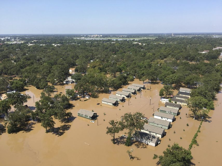 Vista aérea tomada desde un helicóptero que muestra el estado en el que ha quedado el área de Wharton, Texas, Estados Unidos, tras el paso del huracán Harvey. Imagen del 30 de agosto.&nbsp;