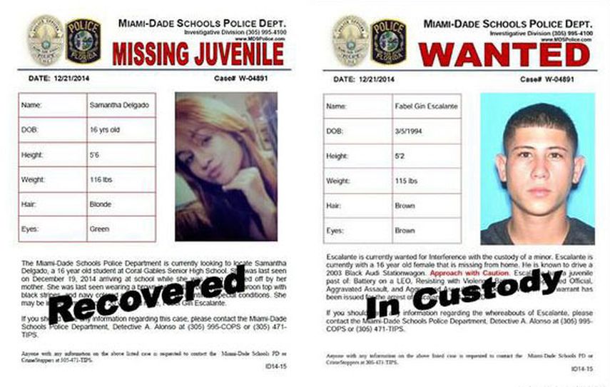 Imágenes e información sobre Samantha Delgado y Fabel Gil Escalante. (DEPARTAMENTO DE POLICÍA ESCOLAR DE MIAMI-DADE)