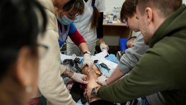 Médicos tratan en vano de salvarle la vida a Kirill, de 18 meses, herido por metralla rusa y quien fue llevado a un hospital de Mariúpol (Ucrania) el 4 de marzo del 2022.&nbsp;