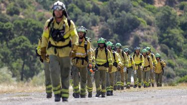 Bomberos que han estado trabajando toda la noche en el incendio forestal del Pujerra, llegan en helicóptero al puesto de mando a 09 de junio del 2022 en Pujerra.&nbsp;