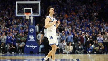 &nbsp;Koby Brea, número 4 de los Kentucky Wildcats, celebra durante el partido contra los Tennessee Volunteers en el Rupp Arena el 11 de febrero de 2025 en Lexington, Kentucky
