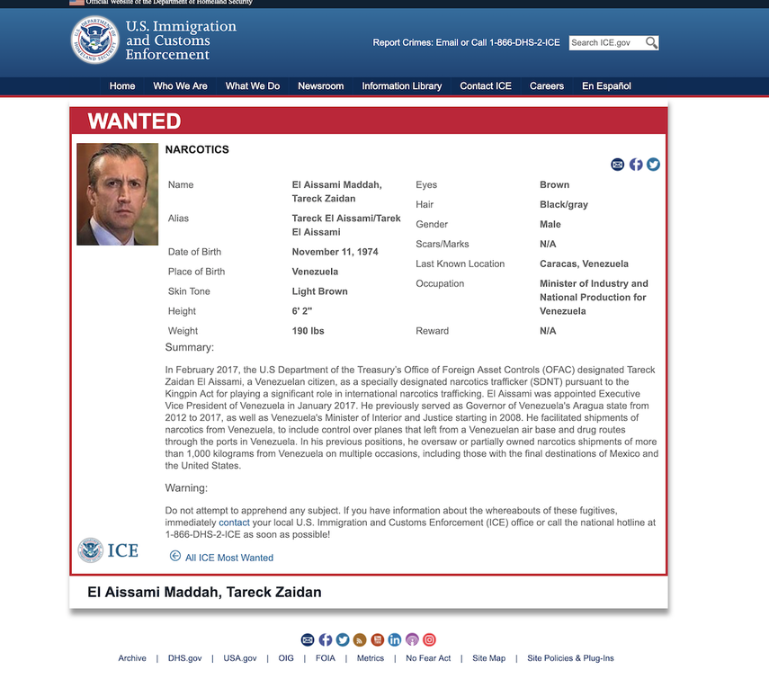 &nbsp;Tareck El Aissami incluido por EEUU en la lista de los más buscados por narcotráfico.