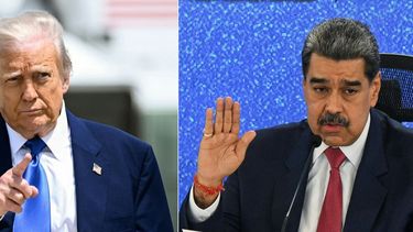 Esta combinación de imágenes de archivo, creada el 20 de septiembre de 2025, muestra al presidente estadounidense Donald Trump (izq.) haciendo un gesto mientras se dirige a abordar el Air Force One en la Base Conjunta Andrews, Maryland, el 12 de mayo de 2025; y al dictador de Venezuela, Nicolás Maduro, hablando durante una conferencia de prensa con medios internacionales en el Hotel Eurobuilding de Caracas, el 15 de septiembre de 2025.