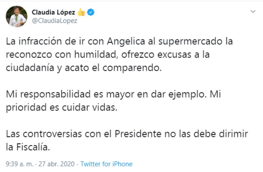 Mensaje difundido por la alcaldesa de Bogot&aacute;, Claudia L&oacute;pez, tras la pol&eacute;mica.&nbsp;