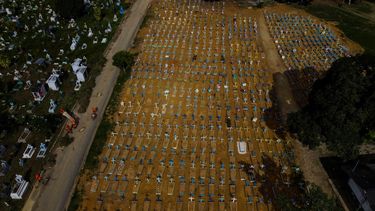 Vista aérea de las tumbas de las víctimas del COVID-19 en el cementerio de Nossa Senhora Aparecida en Manaus, estado de Amazonas, Brasil, el 29 de abril de 2021. Brasil, con una población de 212.000.000 de personas, superó el jueves las 400.000 muertes por COVID-19, y es el segundo en número solo después de los EEUU.