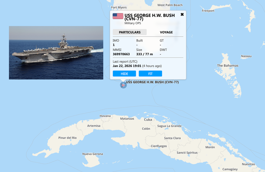 Ubicación del portaviones USS George H. W. Bush cerca de las costas de Cuba, el 22 de enero de 2026.&nbsp;