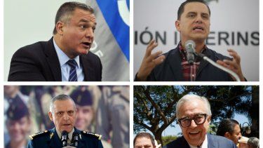 Combo de fotografías de archivo que muestra al exsecretario de Seguridad Pública de México, Genaro García Luna (arriba-izquierda), el exgobernador de Nayarit, Roberto Sandoval Castañeda (arriba-derecha), el exsecretario de la Defensa Nacional Salvador Cienfuegos (abajo-izquierda) y al gobernador de Sinaloa, Rubén Rocha Moya (abajo-derecha) en diferentes actos protocolarios en México.