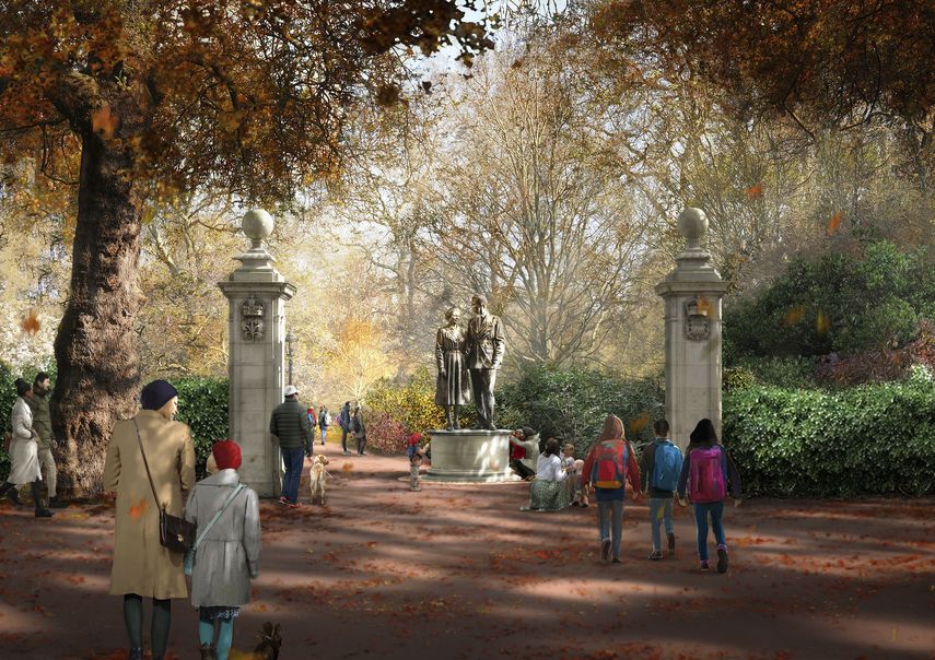 Una imagen, publicada por Foster + Partners el 24 de junio de 2025, muestra la impresión artística de una escultura que representa a la difunta reina Isabel II y al príncipe Felipe, como parte del Monumento a la Reina Isabel II, que diseñará el reconocido arquitecto británico Norman Foster en St. Jamess Park, junto al Palacio de Buckingham.
