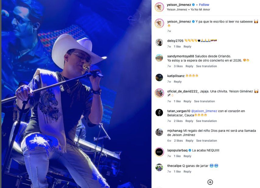 El cantante Yeison Jiménez actúa en concierto.&nbsp;