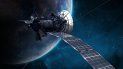 Un satélite orbita cerca de la Tierra. Un satélite orbita cerca de la Tierra.