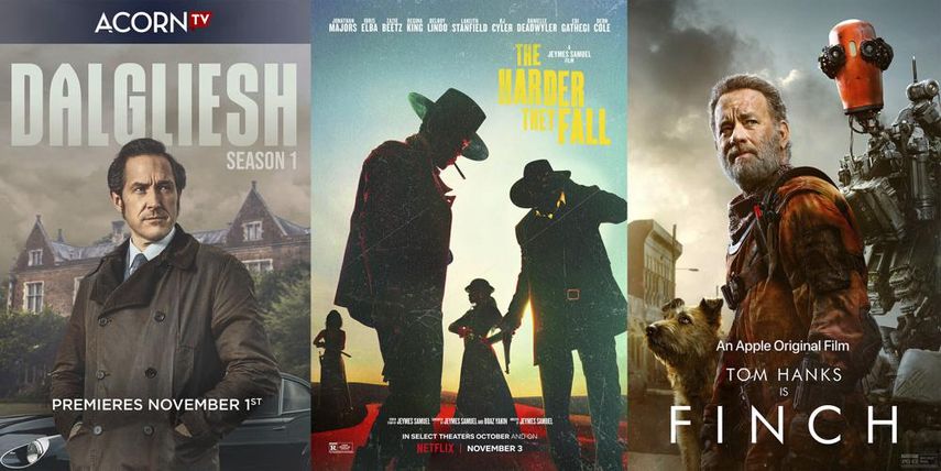 En esta combinación de fotos, el arte promocional de la miniserie Dalgliesh, que se estrena el 1 de noviembre en Acorn TV; la película The Harder They Fall, que llega el 3 de noviembre a Netflix, y la película Finch, que debuta el 5 de noviembre en Apple TV+.&nbsp;