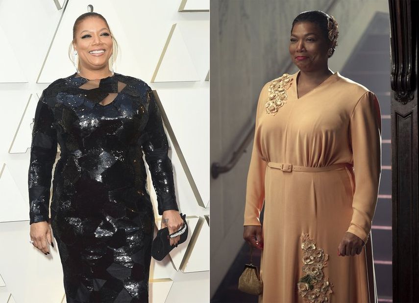 En esta combinaci&oacute;n de fotos, la actriz y cantante Queen Latifah posa al llegar a los Oscar el 24 de febrero de 2019 en Los Angeles, a la izquierda, mientras que a la derecha encarna a la actriz de Lo que el viento se llev&oacute; Hattie McDaniel en una escena de la serie de Netflix Hollywood.&nbsp;