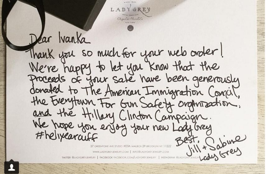 Foto captura de la carta que envió la firma Lady Grey a Ivanka Trump, y que fue publicada en Instagram.