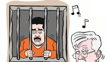 En la ilustración, John Bolton toca las maracas mientras imagina a Maduro en la prisión de la base naval de Guantánamo, en Cuba. 