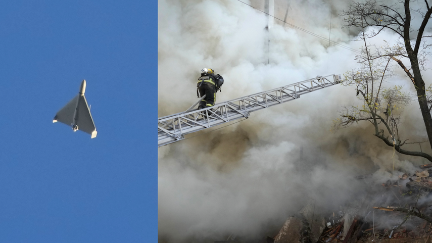 Un dron se ve en el cielo segundos antes de atacar edificios en Kiev, Ucrania, el lunes 17 de octubre de 2022. Al lado, bomberos trabajando después de que un dron disparase contra edificios.