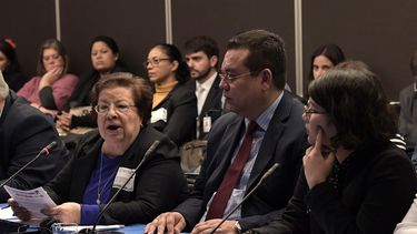 De izquierda a derecha, Vilma Nuñez, Marcos Carmona y Madeleine Caracas, representantes de la sociedad civil de Nicaragua, durante el 170 periodo de sesiones de la Comisión Interamericana de Derechos Humanos (CIDH), el 6 de diciembre de 2018, en la sede de la OEA en Washington.