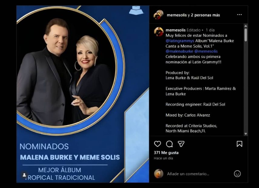 El álbum Malena Burke Canta a Meme Solís, Vol. 1 ha sido nominado en la categoría de Mejor Álbum Tropical Tradicional
