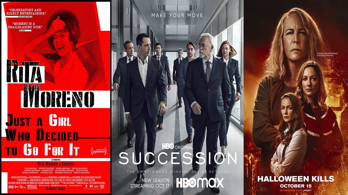 En esta combinación de fotos, el arte promocional de Rita Moreno: Just a Girl Who Decided to Go for It, Succession y Halloween Kills. En esta combinación de fotos, el arte promocional de Rita Moreno: Just a Girl Who Decided to Go for It, Succession y Halloween Kills.