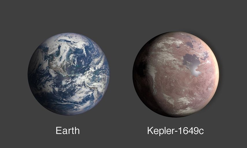 Comparación del tamaño del exoplaneta Kepler-1649c y la Tierra (ilustración).
