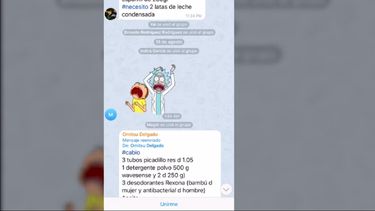 En el chat se pueden encontrar art&iacute;culos b&aacute;sicos como leche, caf&eacute;, granos, aceite, pollo, picadillo, dent&iacute;fricos y jab&oacute;n, todos los que encabezan la lista de desabastecimiento en la red de tiendas que tiene el pueblo como &uacute;nica opci&oacute;n de suministro.&nbsp;