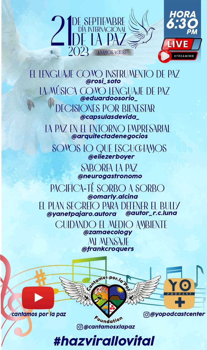 Programación del especial YouTube: Cantamos por la paz, presentado en Miami el 21 de septiembre de 2023.