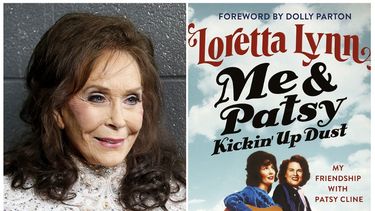 Esta foto combinada muestra a Loretta Lynn posando para una foto en el Auditorio Municipal de Nashville, Tennessee, el 10 de febrero de 2016, a la izquierda, y la imagen de portada de su libro Me & Patsy Kickin Up Dust: My Friendship with Patsy Cline, que fue lanzado el martes siete de abril.