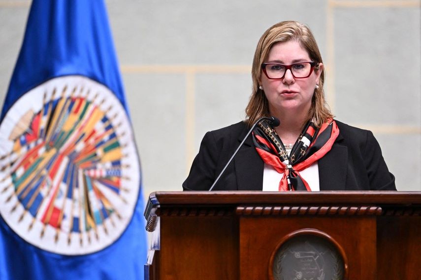 La costarricense Nancy Hernández López, presidenta de la Corte Interamericana de Derechos Humanos, pronuncia un discurso durante la inauguración del 176º período ordinario de sesiones de la Corte Interamericana de Derechos Humanos en el Palacio de la Cultura de la Ciudad de Guatemala, el 19 de mayo de 2025.&nbsp;