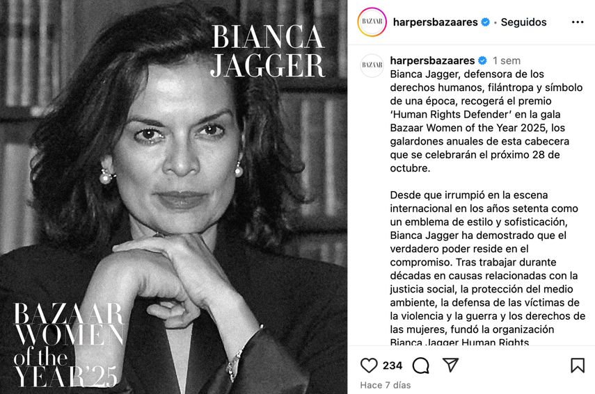 Captura de pantalla de Bianca Jagger, honorada con el premio Human Rights Defender por la revista Harpers Bazaar España