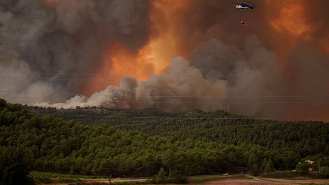 Un incendio forestal en Santa Coloma de Queralt, cerca de Tarragona, España.