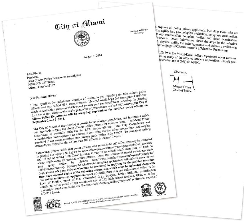 Reproducción de carta enviada por Manuel Orosa, director de la Policía de la Ciudad de Miami, a John Rivera, presidente del sindicato de Policía del Condado. (Cortesía)